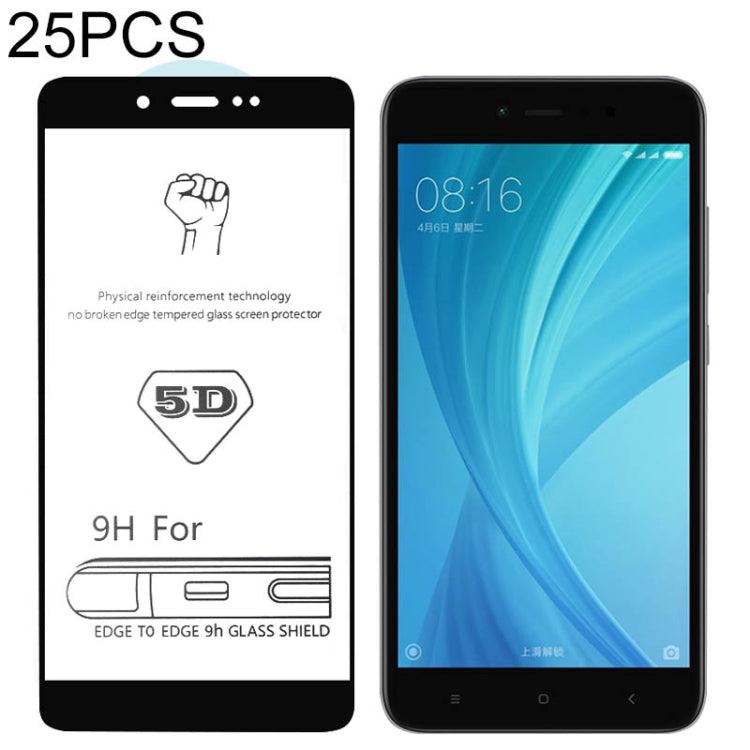 25 PCS 9H 5D Full Glue Full Screen Tempered Glass Film for Xiaomi Redmi Note 5A