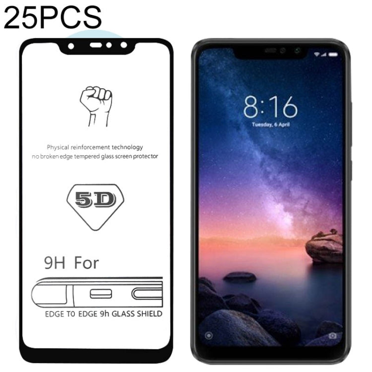 25 PCS 9H 5D Full Glue Full Screen Tempered Glass Film for Xiaomi Redmi Note 6 Pro