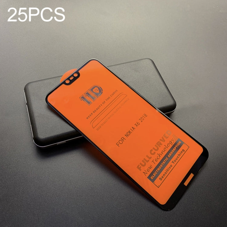 25 PCS mietubl Scratchproof 11D HD Full Glue Full Curved Screen Tempered Glass Film for Nokia 6.1 Plus (Nokia X6)(Black)