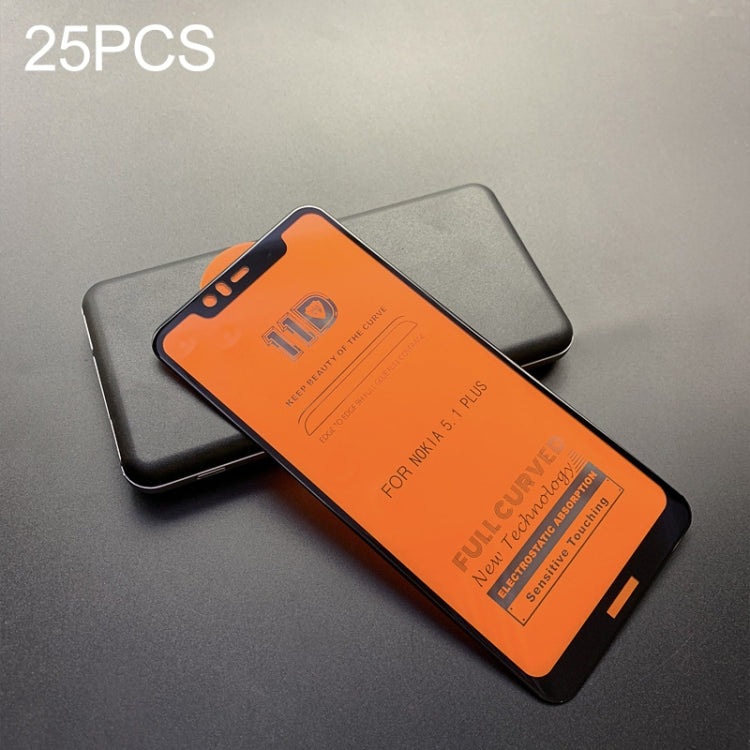 25 PCS mietubl Scratchproof 11D HD Full Glue Full Curved Screen Tempered Glass Film for Nokia 5.1 Plus (X5)(Black)