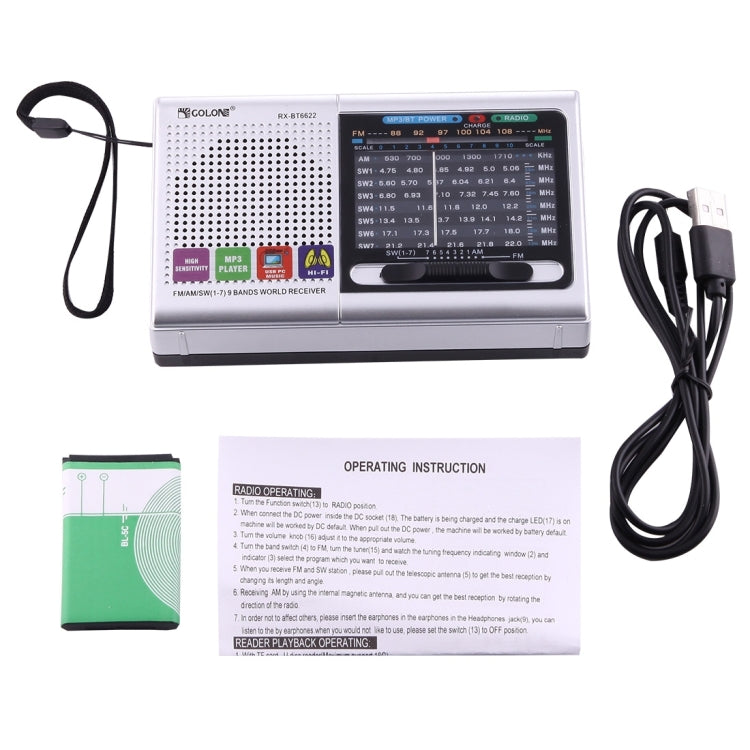 COLON RX-BT6622 Portable FM AM SW (1-7) 9 Bands Channels Radio, Rechargeable Li-ion Battery, Support Micro TF Card / USB / Bluetooth / MP3 Player