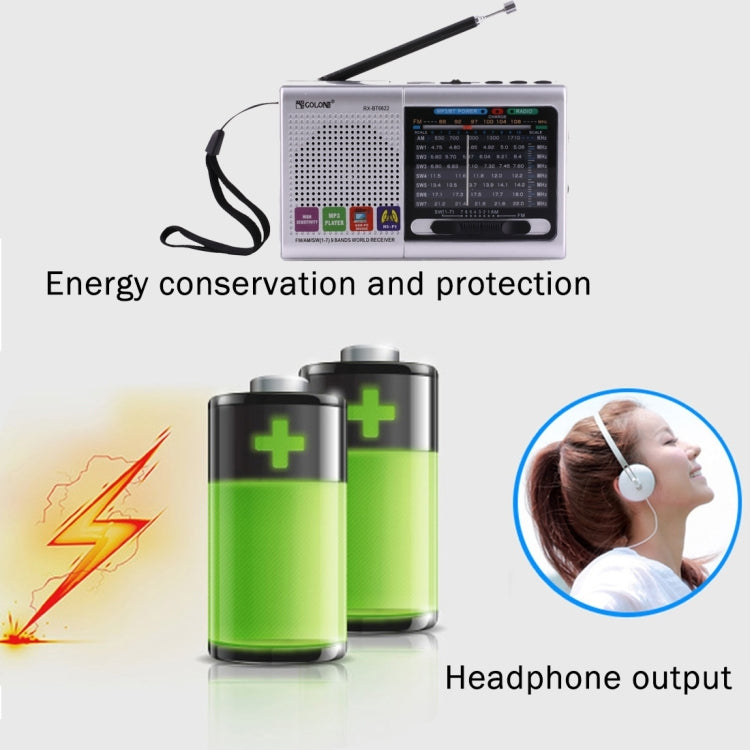 COLON RX-BT6622 Portable FM AM SW (1-7) 9 Bands Channels Radio, Rechargeable Li-ion Battery, Support Micro TF Card / USB / Bluetooth / MP3 Player