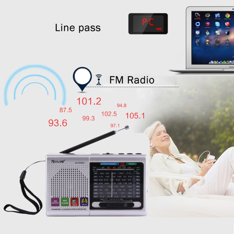COLON RX-BT6622 Portable FM AM SW (1-7) 9 Bands Channels Radio, Rechargeable Li-ion Battery, Support Micro TF Card / USB / Bluetooth / MP3 Player