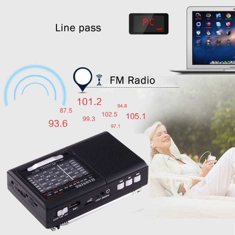 HAONING HN-315UA Portable FM AM SW (1-7) 9 Bands Channels Radio, Rechargeable Li-ion Battery, Support Micro TF Card / USB  / MP3 Player