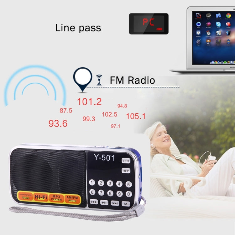 Y-501 Portable  Hi-Fi FM AM Radio Speaker, Rechargeable Li-ion Battery, LED Light, Support Micro TF Card / USB / MP3 Player