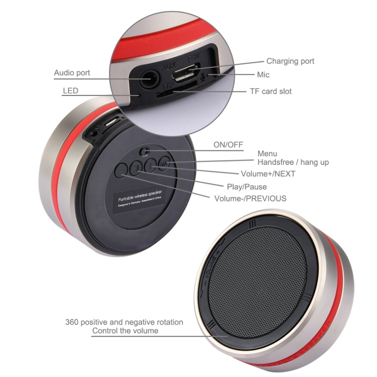 X1 Portable Round Shaped Bluetooth Stereo Speaker, with Built-in MIC, Support 360 Degree Spining Volume Control &Hands-free Calls & TF Card & AUX IN, Bluetooth Distance: 10m