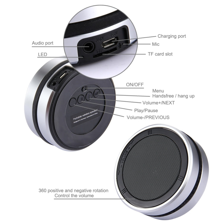 X1 Portable Round Shaped Bluetooth Stereo Speaker, with Built-in MIC, Support 360 Degree Spining Volume Control &Hands-free Calls & TF Card & AUX IN, Bluetooth Distance: 10m