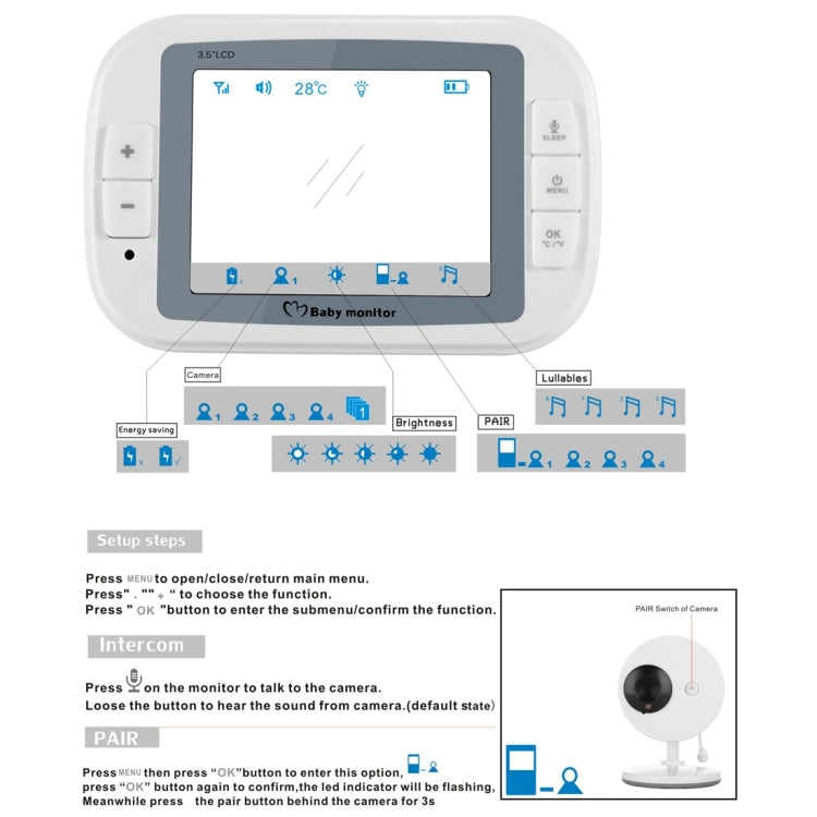 3.5 Inch Larger Screen Display Wireless Digital Monitoring Camera Baby Career  Monitor Wireless Baby Monitor, EU Plug SP851(Black White)