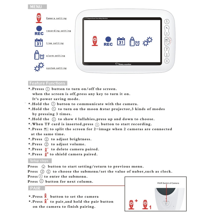 SP870 2 PCS Wireless Digital Monitoring Camera Baby Monitor with 7 inch Large Screen Display, U