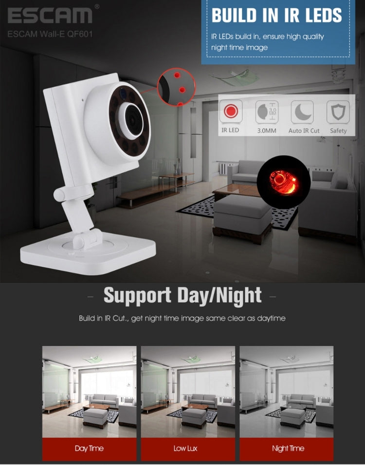 ESCAM Wall-E QF601 ONVIF 1/4 inch CMOS 1.0MP WiFi IP Camera, Support Motion Detection / Night Vision, IR Distance: 10m(White)