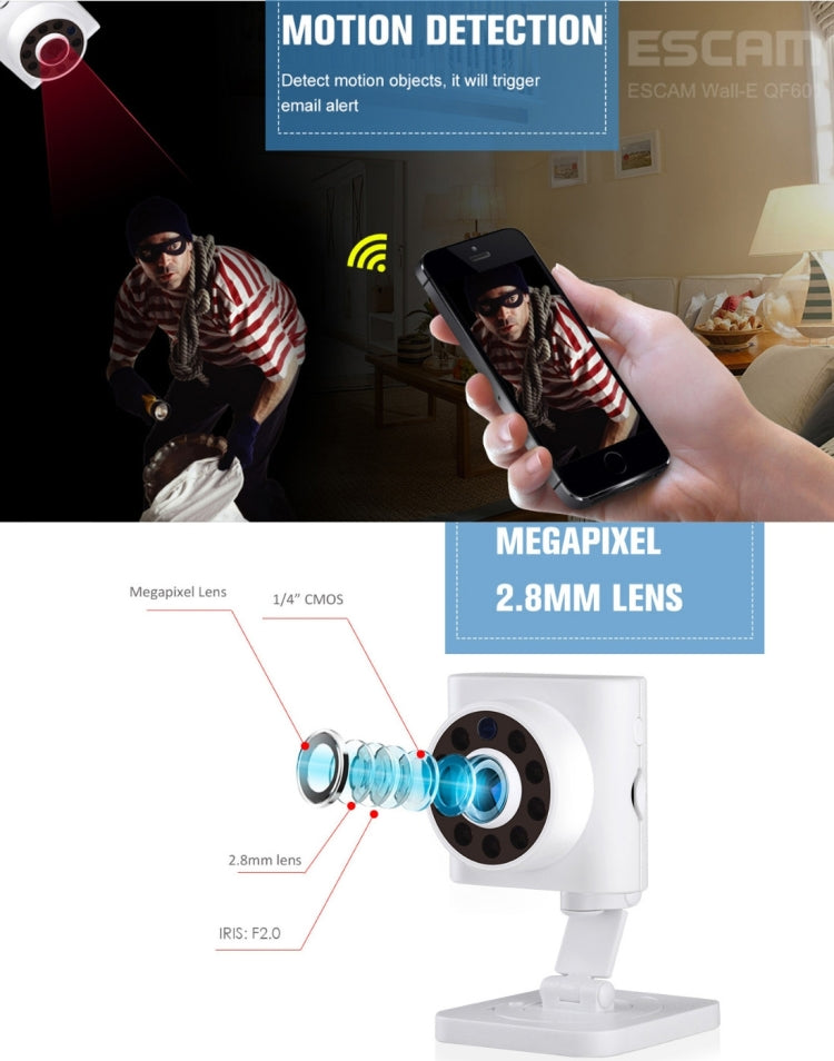 ESCAM Wall-E QF601 ONVIF 1/4 inch CMOS 1.0MP WiFi IP Camera, Support Motion Detection / Night Vision, IR Distance: 10m(White)