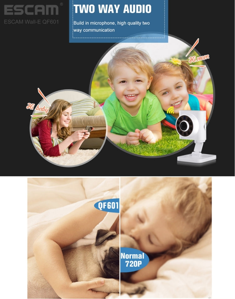 ESCAM Wall-E QF601 ONVIF 1/4 inch CMOS 1.0MP WiFi IP Camera, Support Motion Detection / Night Vision, IR Distance: 10m(White)