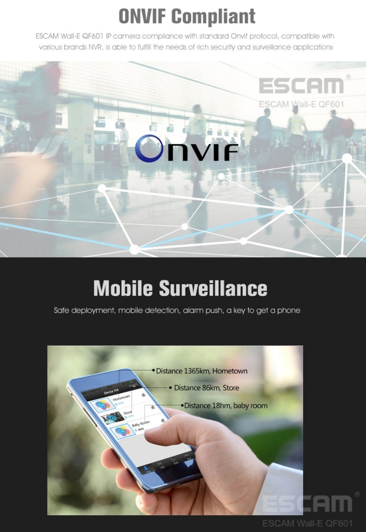 ESCAM Wall-E QF601 ONVIF 1/4 inch CMOS 1.0MP WiFi IP Camera, Support Motion Detection / Night Vision, IR Distance: 10m(White)