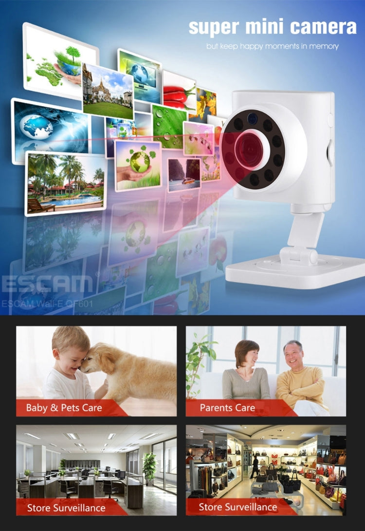 ESCAM Wall-E QF601 ONVIF 1/4 inch CMOS 1.0MP WiFi IP Camera, Support Motion Detection / Night Vision, IR Distance: 10m(White)