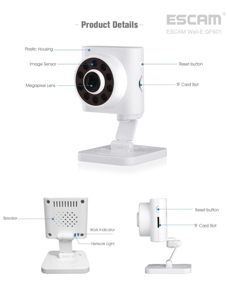 ESCAM Wall-E QF601 ONVIF 1/4 inch CMOS 1.0MP WiFi IP Camera, Support Motion Detection / Night Vision, IR Distance: 10m(White)