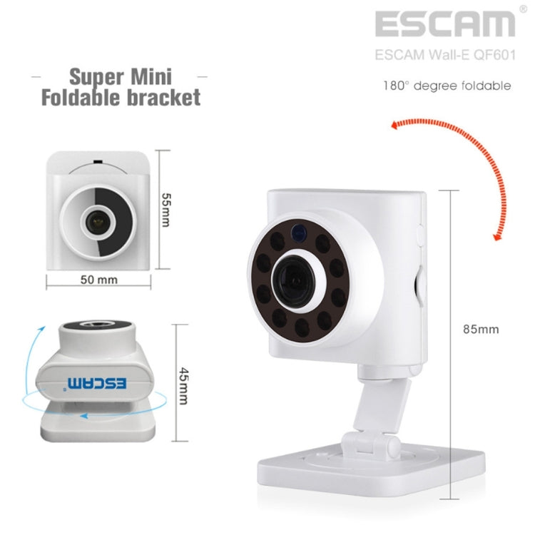 ESCAM Wall-E QF601 ONVIF 1/4 inch CMOS 1.0MP WiFi IP Camera, Support Motion Detection / Night Vision, IR Distance: 10m(White)