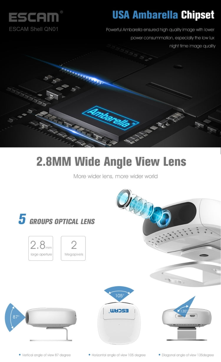 ESCAM Shell QN01 1/3 inch CMOS 2.0MP WiFi IP Camera, Program: Ambarella A5S, Support Motion Detection / Night Vision, IR Distance: 10m(White)