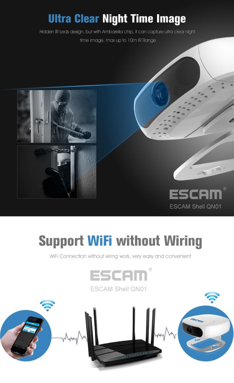 ESCAM Shell QN01 1/3 inch CMOS 2.0MP WiFi IP Camera, Program: Ambarella A5S, Support Motion Detection / Night Vision, IR Distance: 10m(White)