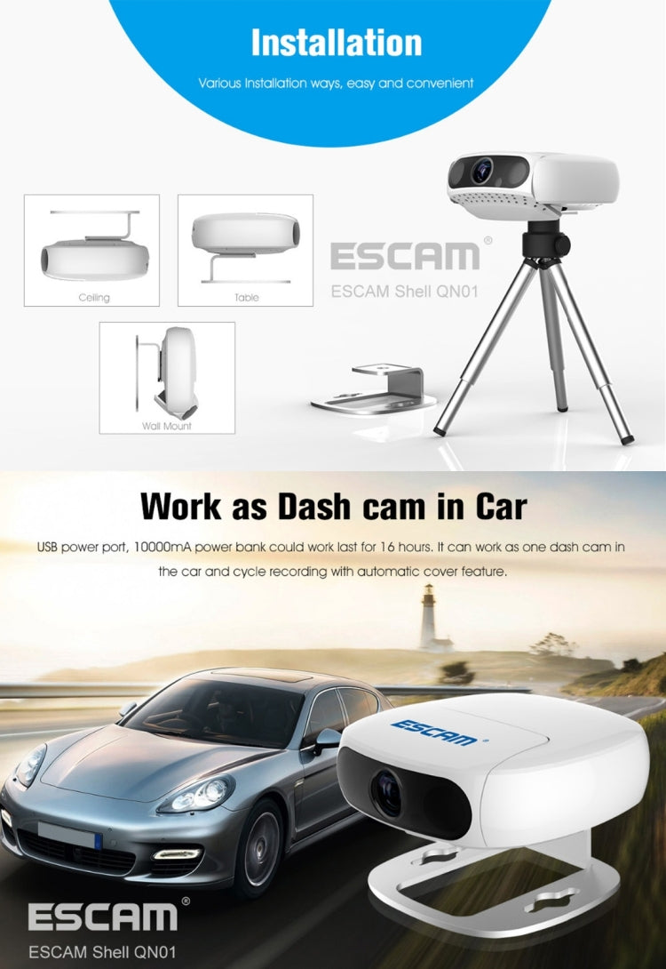 ESCAM Shell QN01 1/3 inch CMOS 2.0MP WiFi IP Camera, Program: Ambarella A5S, Support Motion Detection / Night Vision, IR Distance: 10m(White)