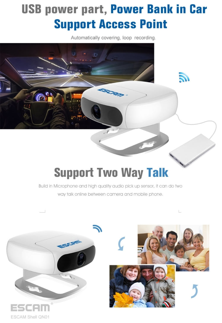 ESCAM Shell QN01 1/3 inch CMOS 2.0MP WiFi IP Camera, Program: Ambarella A5S, Support Motion Detection / Night Vision, IR Distance: 10m(White)
