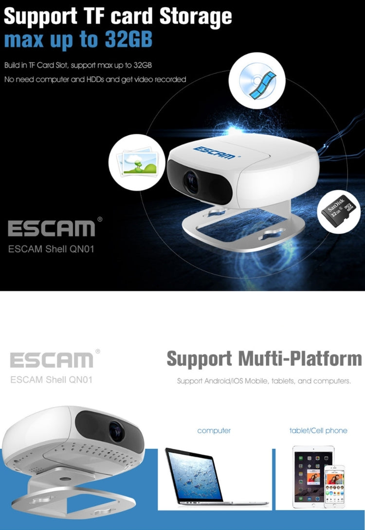 ESCAM Shell QN01 1/3 inch CMOS 2.0MP WiFi IP Camera, Program: Ambarella A5S, Support Motion Detection / Night Vision, IR Distance: 10m(White)