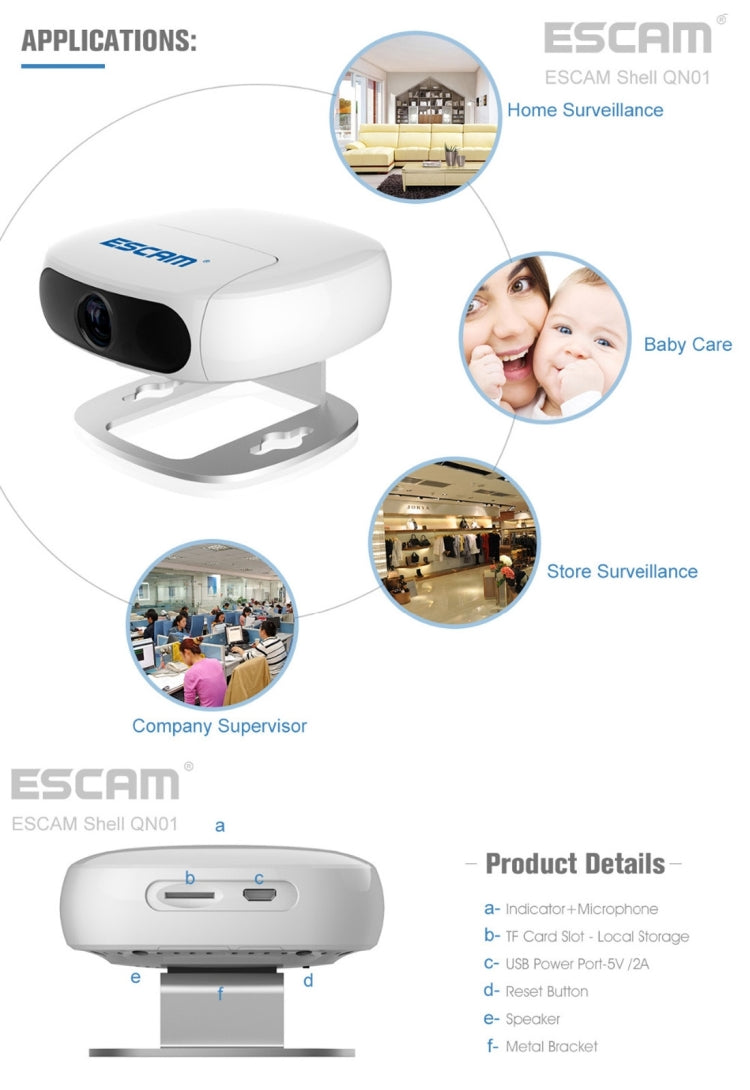 ESCAM Shell QN01 1/3 inch CMOS 2.0MP WiFi IP Camera, Program: Ambarella A5S, Support Motion Detection / Night Vision, IR Distance: 10m(White)