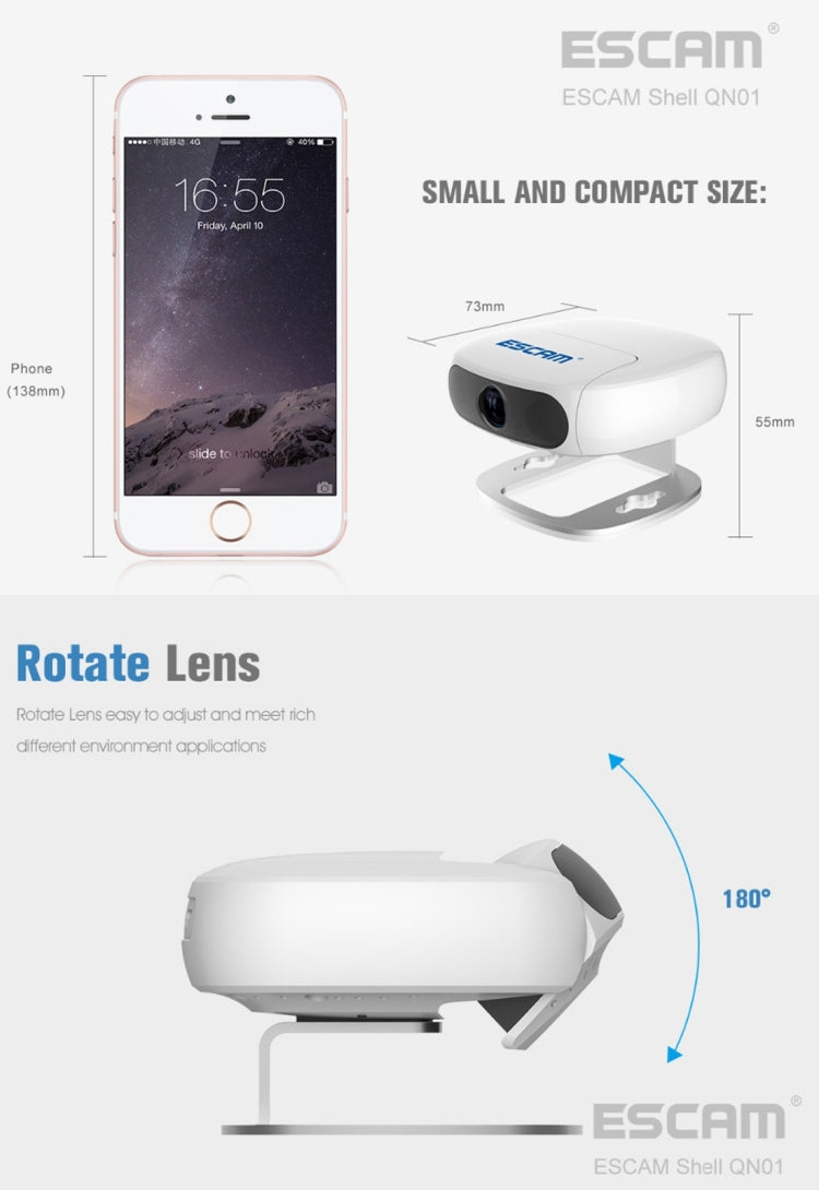 ESCAM Shell QN01 1/3 inch CMOS 2.0MP WiFi IP Camera, Program: Ambarella A5S, Support Motion Detection / Night Vision, IR Distance: 10m(White)
