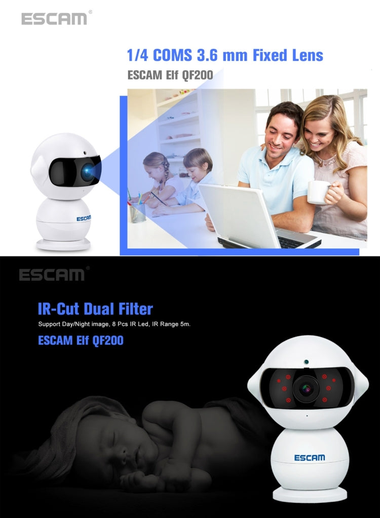 ESCAM Elf QF200 IR-CUT 960P 1.3MP WiFi IP Camera, Support Motion Detection / Night Vision, IR Distance: 5m