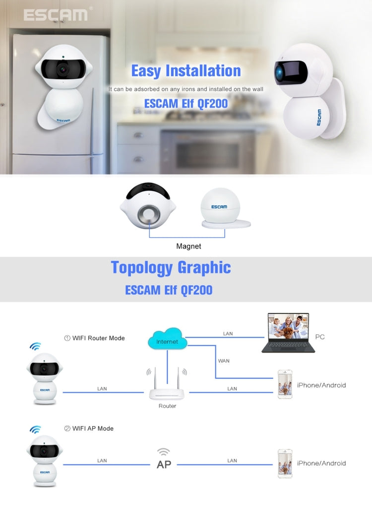 ESCAM Elf QF200 IR-CUT 960P 1.3MP WiFi IP Camera, Support Motion Detection / Night Vision, IR Distance: 5m