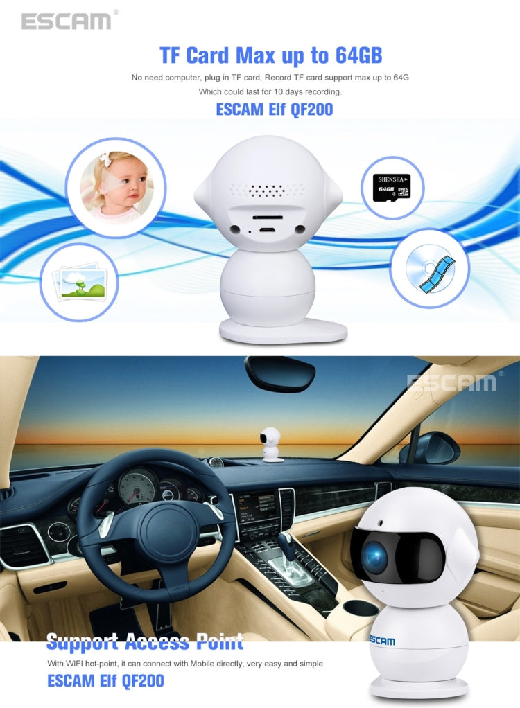 ESCAM Elf QF200 IR-CUT 960P 1.3MP WiFi IP Camera, Support Motion Detection / Night Vision, IR Distance: 5m