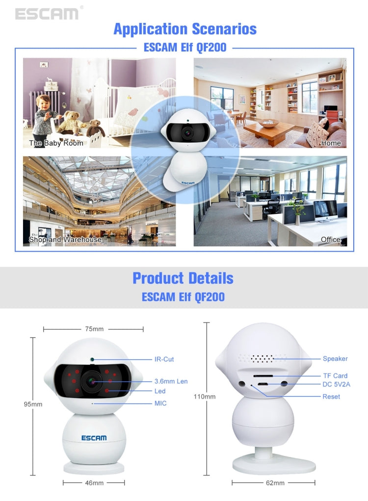 ESCAM Elf QF200 IR-CUT 960P 1.3MP WiFi IP Camera, Support Motion Detection / Night Vision, IR Distance: 5m