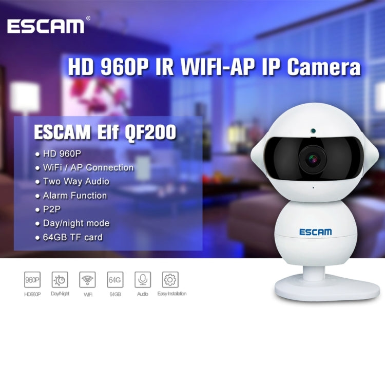 ESCAM Elf QF200 IR-CUT 960P 1.3MP WiFi IP Camera, Support Motion Detection / Night Vision, IR Distance: 5m