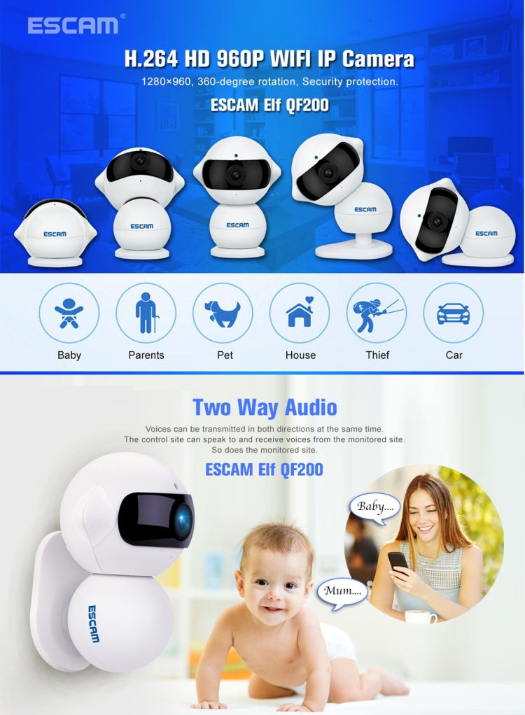 ESCAM Elf QF200 IR-CUT 960P 1.3MP WiFi IP Camera, Support Motion Detection / Night Vision, IR Distance: 5m