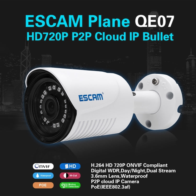ESCAM ESCAM Plane QE07 HD 720P ONVIF 1/4 inch CMOS 1.0MP Bullet IP Camera, Support Motion Detection / Night Vision, IR Distance: 15m