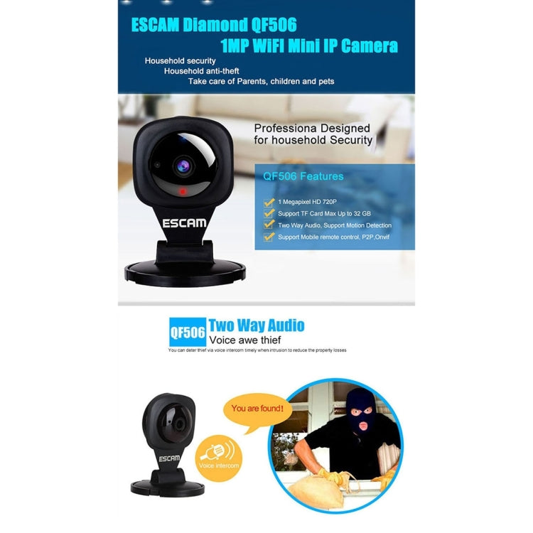 ESCAM Diamond QF506 HD 720P ONVIF 1/4 inch CMOS 1.0MP WiFi IP Camera, Support Motion Detection / Night Vision, IR Distance: 5m