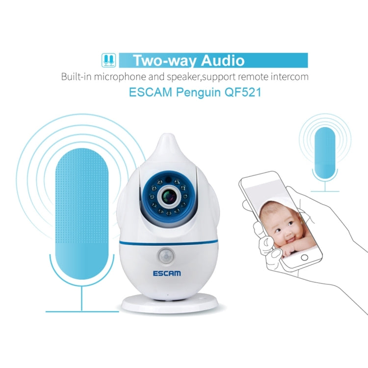 ESCAM Penguin QF521 HD 720P CMOS 1.0MP WiFi IP Camera, Support Motion Detection / Night Vision, IR Distance: 10m