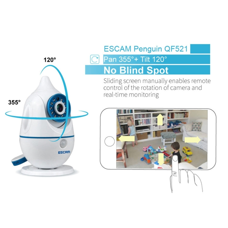 ESCAM Penguin QF521 HD 720P CMOS 1.0MP WiFi IP Camera, Support Motion Detection / Night Vision, IR Distance: 10m