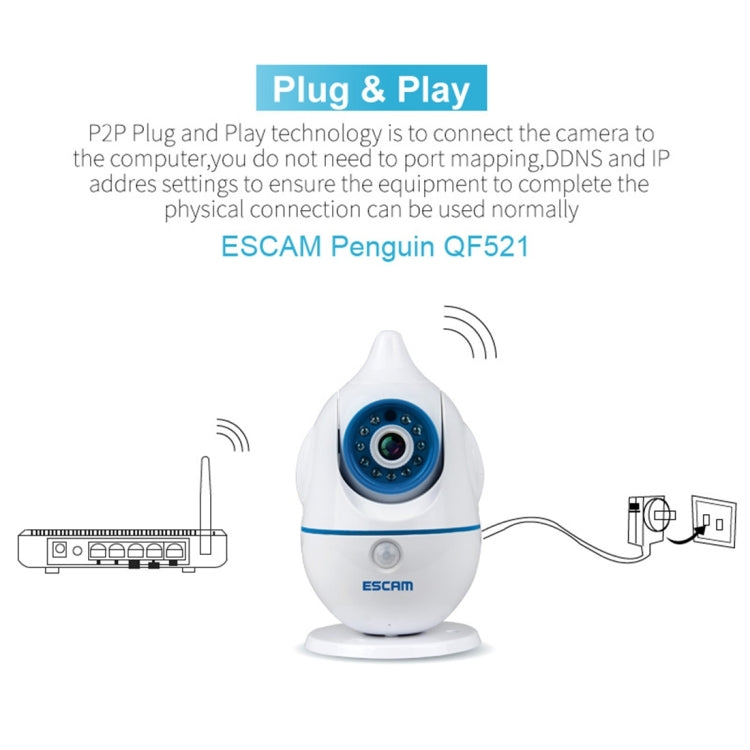ESCAM Penguin QF521 HD 720P CMOS 1.0MP WiFi IP Camera, Support Motion Detection / Night Vision, IR Distance: 10m