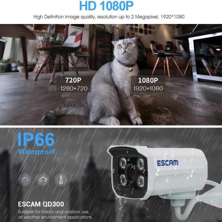 ESCAM QD300 HD 1080P IP66 Waterproof P2P POE IP Camera, Support Night Vision / Motion Detection / ONVIF (White)