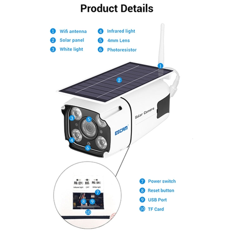 ESCAM QF260 1080P Solar Panel IP66 Waterproof WiFi IP Camera, Support Motion Detection / Night Vision / TF Card / Two-way Audio (White)