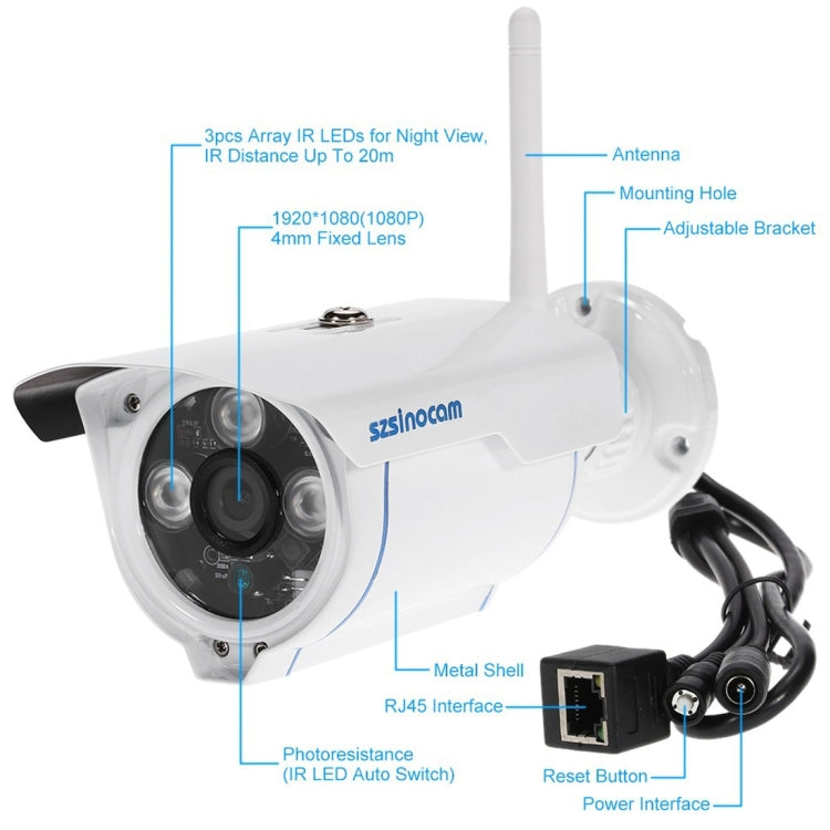 szsinocam SN-IPC-3009FCSW10 HD 720P H.264 1.0 Megapixel WiFi Infrared IP Bullet Camera, Support Night Vision / Motion Detection, IR Distance: 20-30m