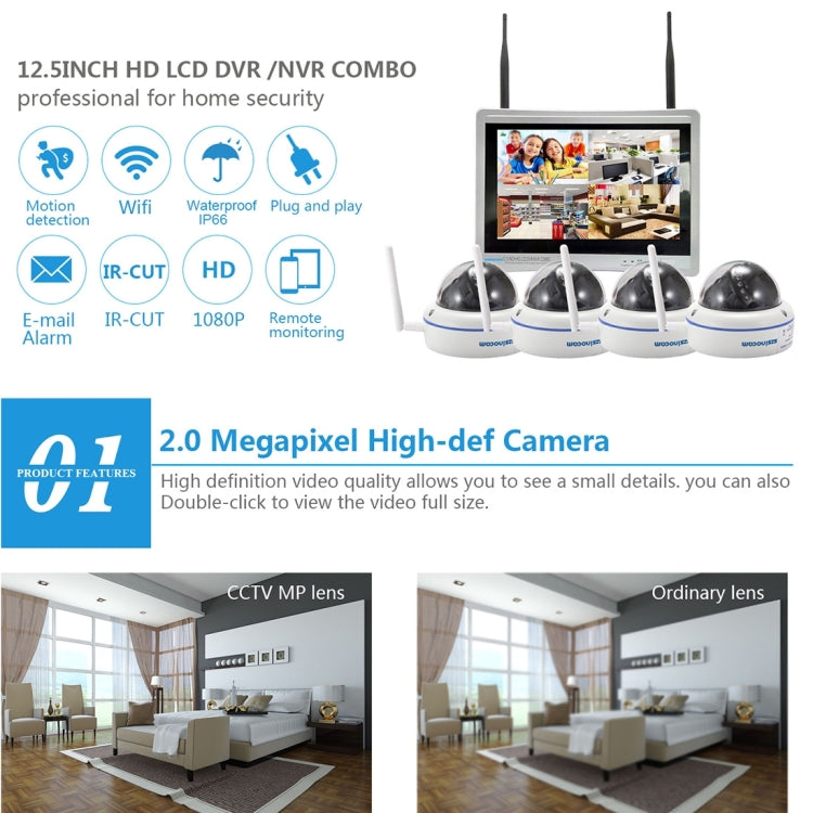 szsinocam SN-NVK-9015 4CH HD 960P 1.3MP 2.4GHz WiFi IP Dome Camera 12.5 inch LCD Screen NVR Kit, IR Distance: 20-30m