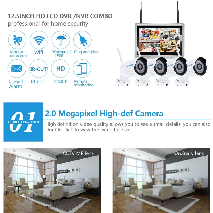 szsinocam SN-NVK-9236 4CH HD 960P 1.3MP 2.4GHz WiFi IP Dome + Bullet Camera  12.5 inch LCD Screen NVR Kit, IR Distance: 20-30m