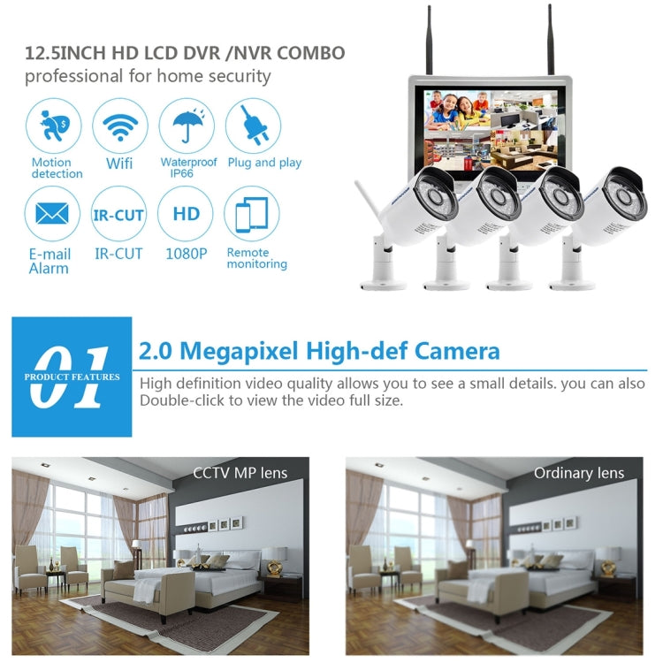 szsinocam SN-NVK-9336 4CH HD 960P 1.3MP 2.4GHz WiFi IP Dome + Bullet Camera  12.5 inch LCD Screen NVR Kit, IR Distance: 20-30m