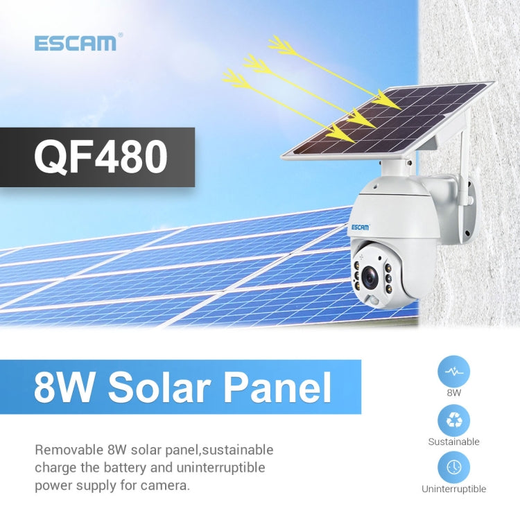 ESCAM QF480 EU Version HD 1080P IP66 Waterproof 4G Solar Panel PT IP Camera with Battery, Support Night Vision / Motion Detection / TF Card / Two Way Audio (White)