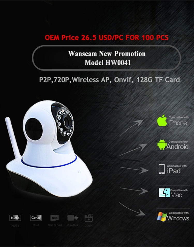 Wanscam HW0041 1.0MP 720P 1/4 inch PTZ P2P WiFi IP Camera, Support Motion Detection / Night Vision, IR Distance: 10m(White)