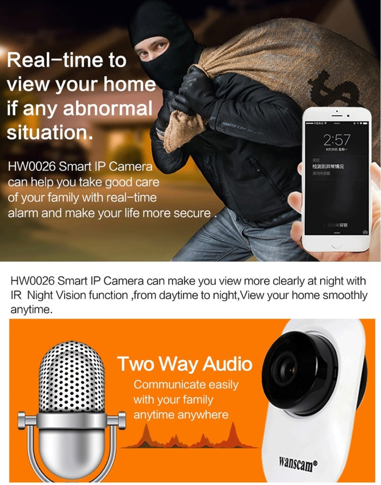 Wanscam HW0026 1.0MP Night Vision IRCUT Digital Zoom Two-way Audio P2P Home IP Camera, Support Motion Detection, IR Distance: 10m(White)