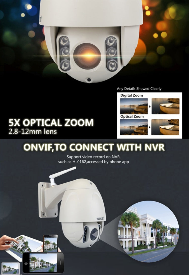 Wanscam HW0045 2.0MP 720P 1/2.7 inch 5x Optical Zoom Lens Waterproof WiFi IP PTZ Dome Camera,  Night Vision / Motion Detection, IR Distance: 80m
