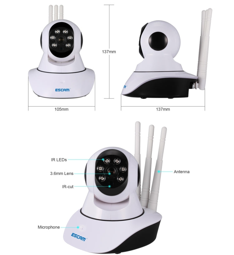ESCAM QF503 1/4 inch 1.3MP PTZ WiFi IP Camera with 3 Antenna, Support Motion Detection / Night Vision, IR Distance: 10m (White)