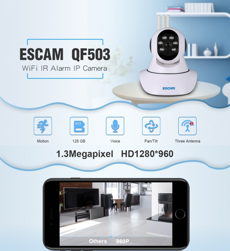 ESCAM QF503 1/4 inch 1.3MP PTZ WiFi IP Camera with 3 Antenna, Support Motion Detection / Night Vision, IR Distance: 10m (White)